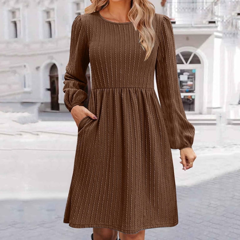 Generic Womens Long Sleeve Dress Fall Fashion Casual V Neck Tiered Western Dresses Loose Fit Flowy Shift Mini Dress