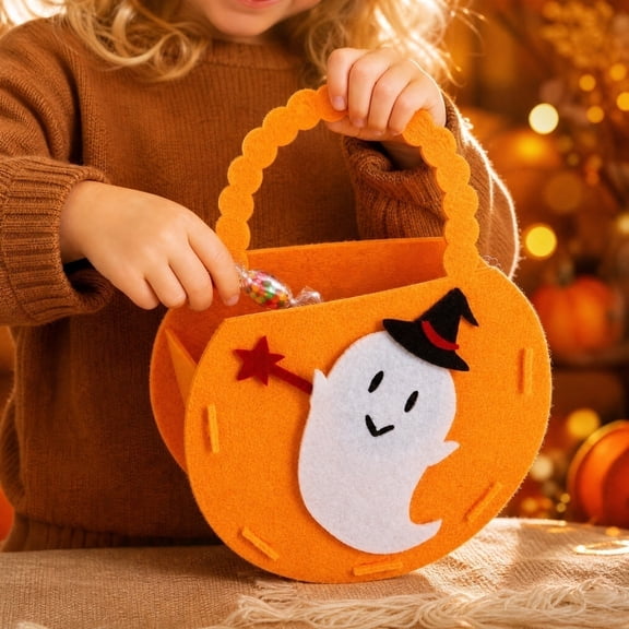 Halloween Candy Bag, Trick or Treat, Halloween Pumpkin Ghost Felt Tote Bag, 3D Halloween Party Favor Holder, Creative Holiday Gift Bag with Handle for Seasonal Decoration Display