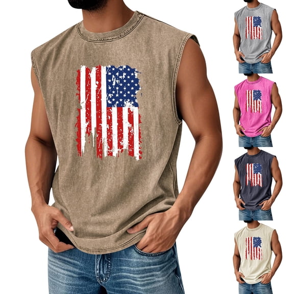 Men's Vintage Washed Distressed Graphic Sleeveless Crewneck Tank Top, Loose Fit Muscle Shirt with Faded Flag Print, Soft Lightweight Casual Vest for Independence Day Outfit Summer Beach Wear