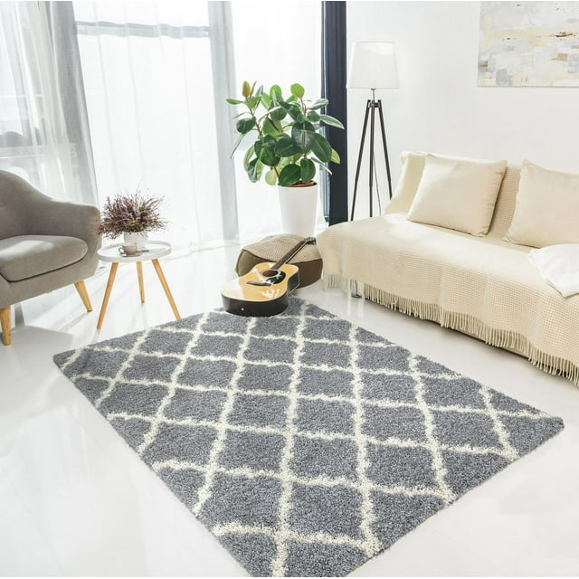 Ottomanson Shaggy Collection Jute Backing Moroccan Trellis Design Indoor Rug