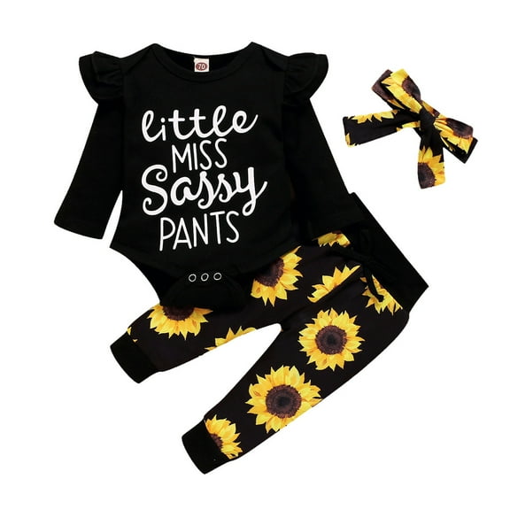 LNMQLPDBS 3PCS Newborn Infant Baby Girl Clothes Sunflower Print Ruffle Infant Baby Letter Outfits Girls Outfits Set Floral Summer Outfits Long Sleeve Romper Pants with Headband Toddler Girl Clothes