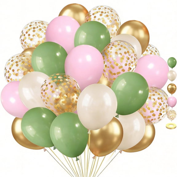 Sage Green Pink Balloons, 50pcs Olive Green Pastel Pink Sand White Metallic Gold Balloons Gold Confetti Balloons with White Ribbon for Wedding Bridal Shower Birthday Party Safari Decorations