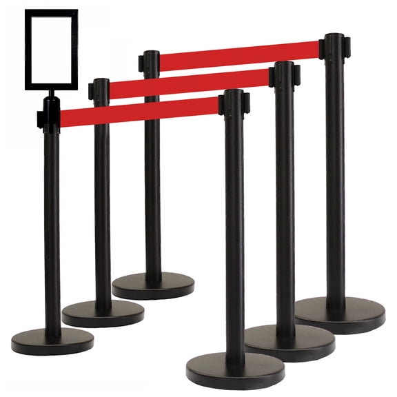 VIP Crowd Control, 6 Retractable Belt Stanchions with Red Belt   1 Portrait Sign Frame Combo
