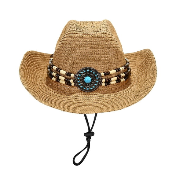 FUZHIQ Vintage Western Cowboy Straw Hat for Men Women Curved Brim with Windproof Lanyard, Summer Outdoor Sun Cap for Beach Vacation
