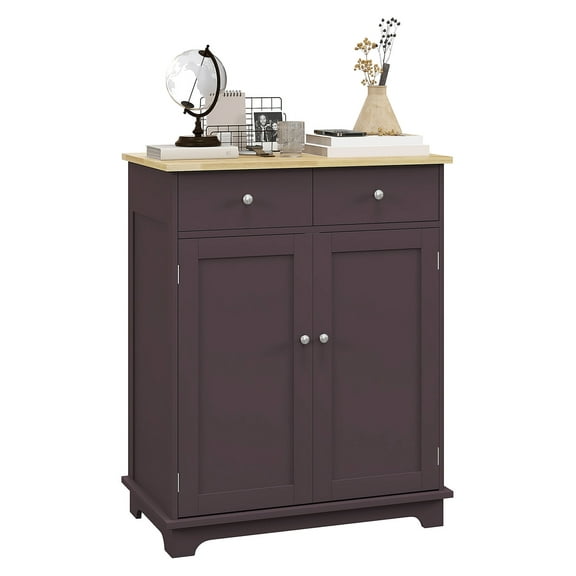 Sideboard with Solid Wood Countertop, Modern Kitchen Storage Cabinet, Coffee Bar Cabinet with 2 Drawers, Doors and Adjustable Shelf, Coffee