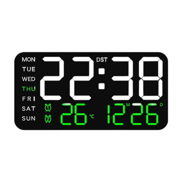Reloj despertador digital LED de escritorio, reloj despertador versátil para colgar en la pared. Negro con luz verde.