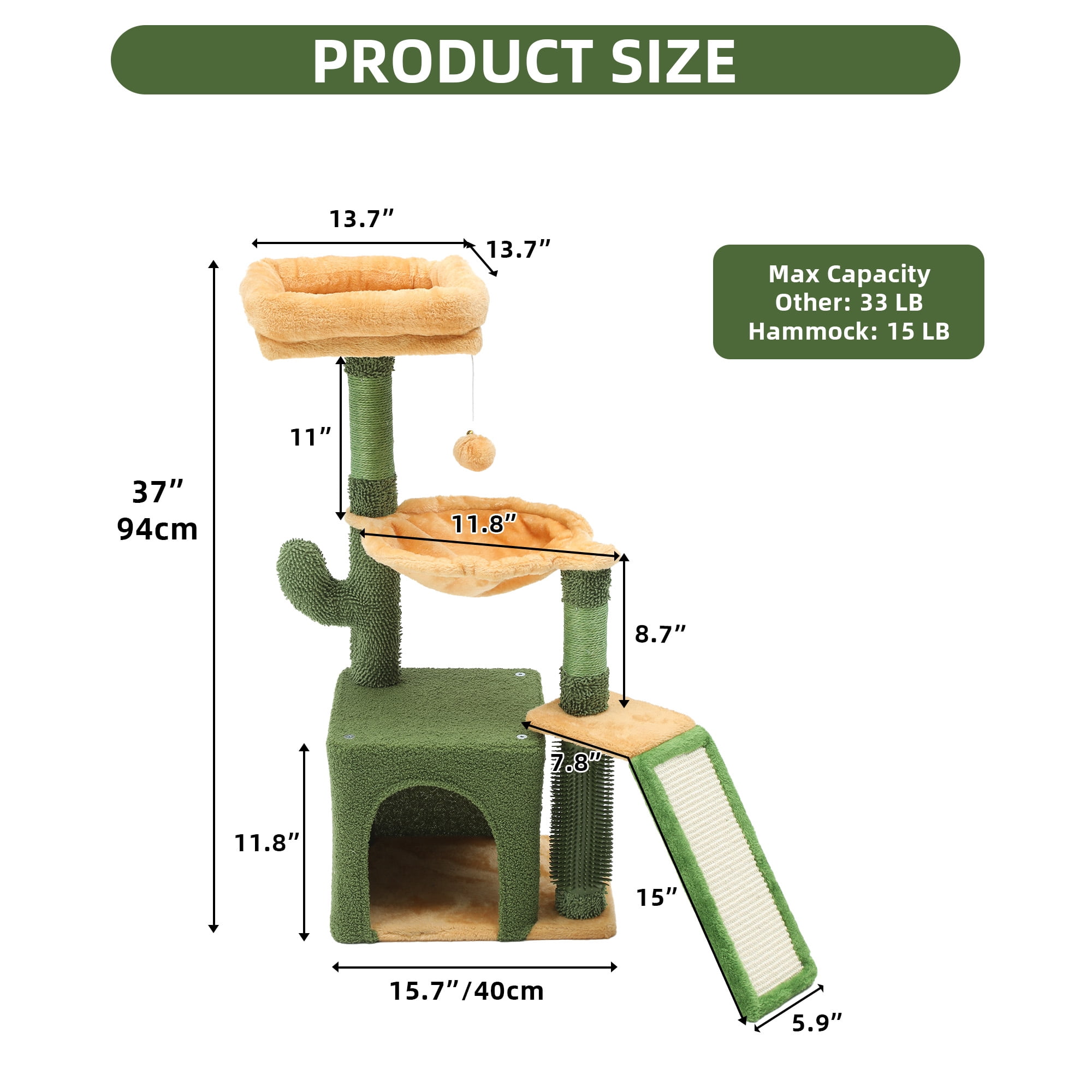 Uforic 37" Cactus Cat Tree Tower with Sisal Scratching Posts, Cat Climbing Tower for Indoor Cats with Cat Condo & Hammock,  Green&Yellow