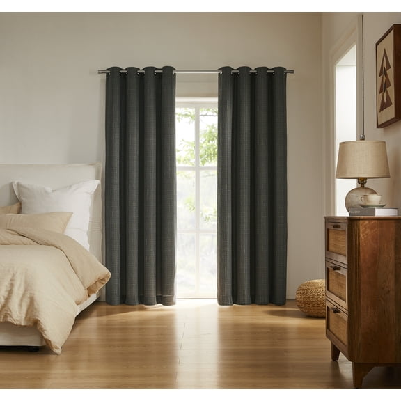 SUNSHIELD ESSENTIALS Tattersol Blackout Curtains for Living Rooms, Single Curtain Grommet, 50" x 84", Charcoal
