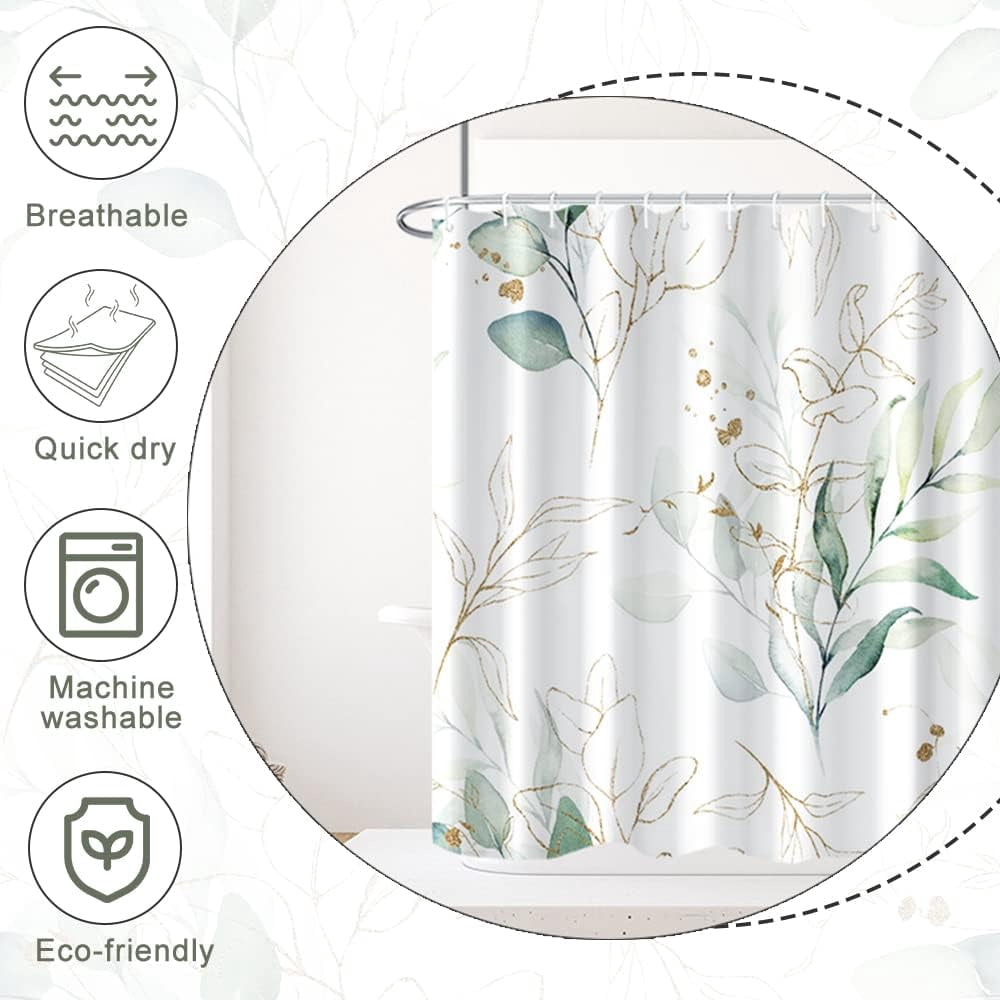 Eucalyptus Shower Curtain, Spring Sage Green and Gold Abstract Leaves Shower Curtain Set for Bathroom Waterproof Fabric Watercolor Botanical Bathroom Decor with Hooks, 72x84 Inch