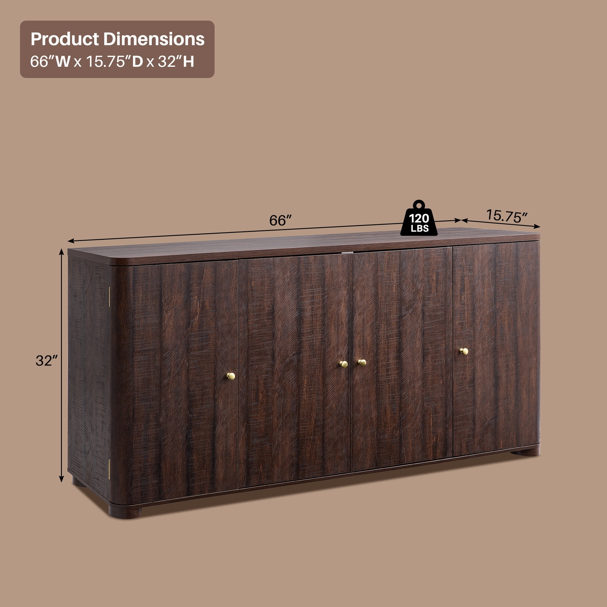 Aitjunz Kitchen Buffet Sideboard Cabinet, 66" Curved Coffee Bar Storage Cabinet with 4 Doors and Shelves for Kitchen, Dining Room, Brown