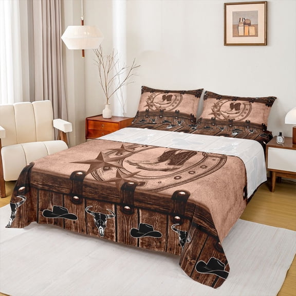 Manfei Texas Star Boots Twin Sheet Sets 3pcs for Kids Children Teens,Western Cowboy Twin Fitted Sheet Microfiber,Lodge Cabin Breathable Flat Sheet,Lightweight Room Decor