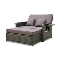 Spaco Wicker Loveseat Sofa with Multipurpose Ottoman and Retractable Side Tray-Gray, Wicker Furniture Conversation Sets, Coffee Table for Garden, Poolside, Backyard