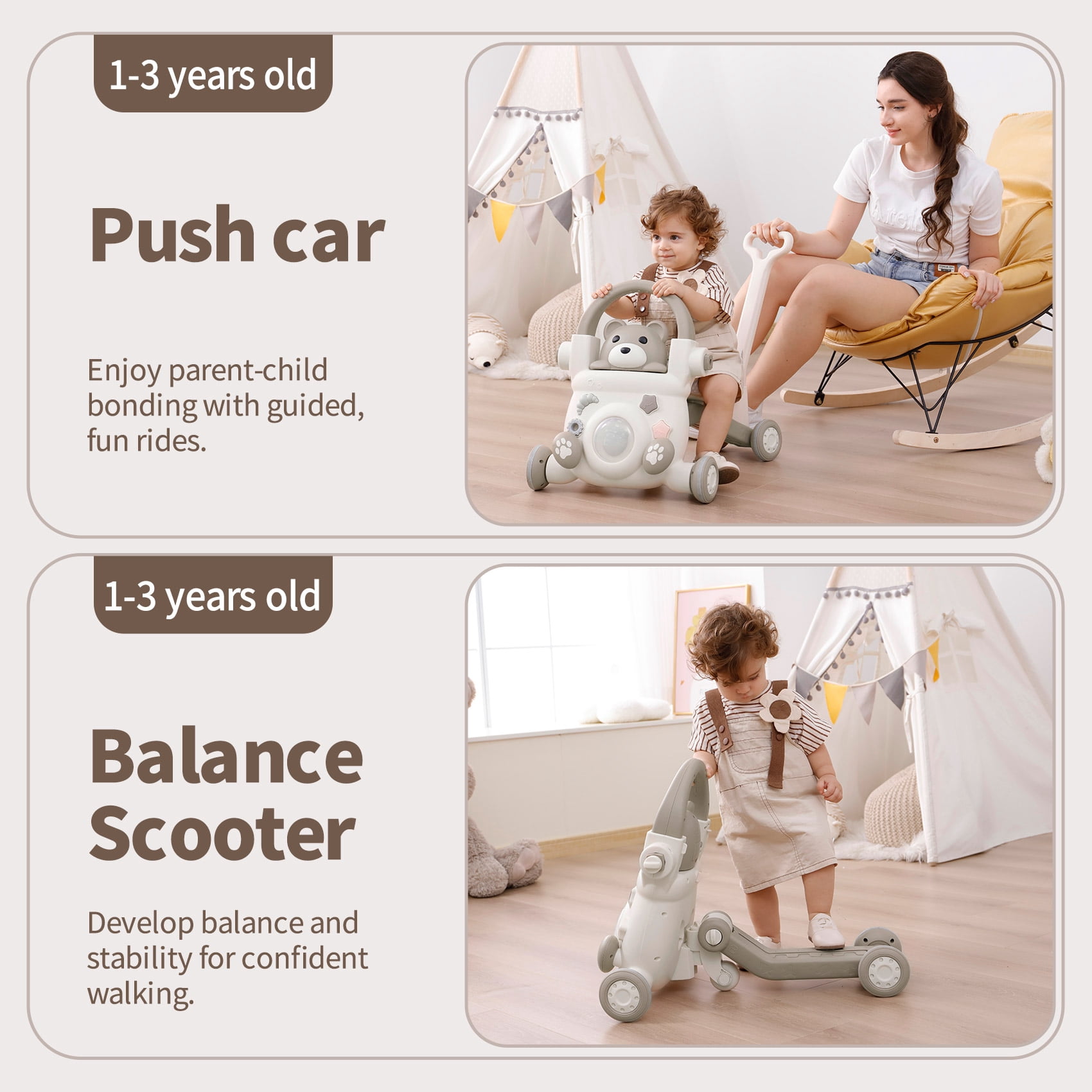 UNICOO® Beginner Steps Companion™ 3-in-1 Baby Sit to Stand Learning Walker, Early Learning Push Toys, Baby Push Walker, Sliding Bike & Push Car, Balance Scooter, Toddler 6-48 (Teddy Brown)