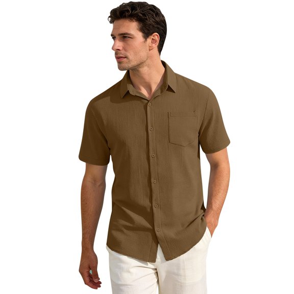Uwinwear Mens Button Down Shirts Casual Lightweight Short Sleeve Solid Color Shirt Textured Linen Summer Beach Tops with Pocket,Brown,M