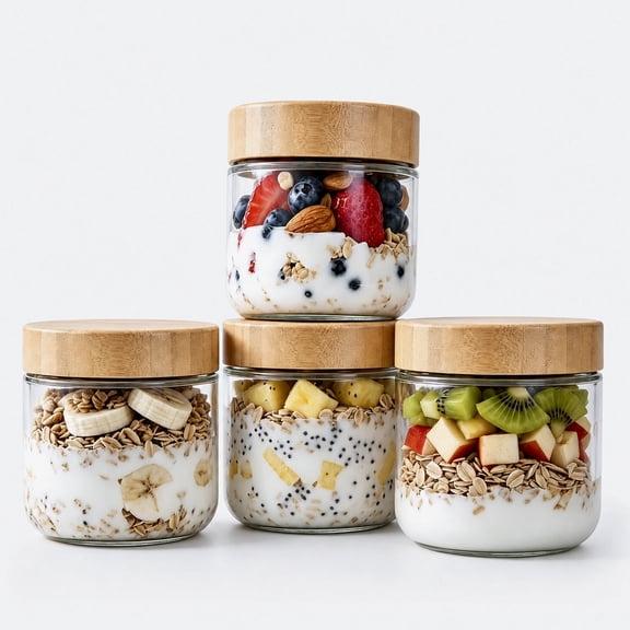 Overnight Oats Containers with Lids Glass, 10 oz Glass Food Storage Jars with Airtight Bamboo Lids, Wide Mouth Overnight Oats Jars for Yogurt Chia Pudding Meal Prep, 4 Pack