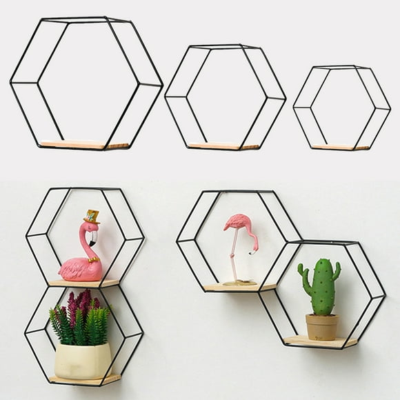 Sunjoy Tech Floating Shelves, Wall Mounted Rustic Hexagonal Shelves, Iron Farmhouse Storage Honeycomb Wall Shelf, Hexagon Wall Shelves for Living Room, Office