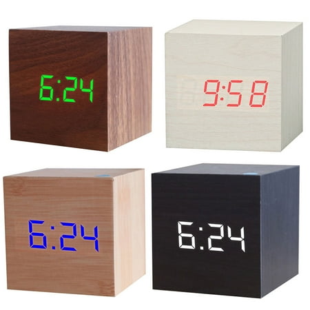 Yesbay Wooden Square Digital LED USB Desk Alarm Clock Table Voice Control Decoration,Black Wood White Figure