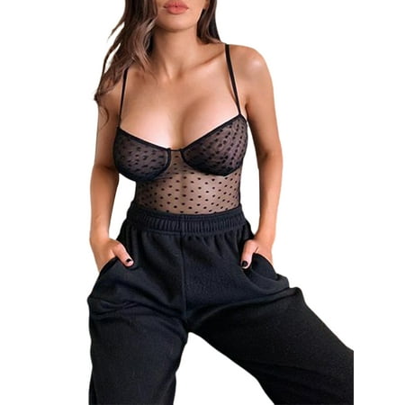 

Eyicmarn Women Summer Casual Underwear Polka Dot See-Through Mesh Strap Jumpsuit Lingerie