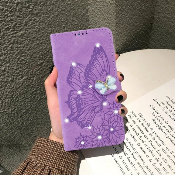 Allytech Glitter Case for Apple iPhone 15 6.1", Bling Butterfly Embossed PU Leather Slim Fit Shockproof Lightweight Cards Slots Kickstand Folio Flip Cover Wallet Case for Apple iPhone 15 - Purple
