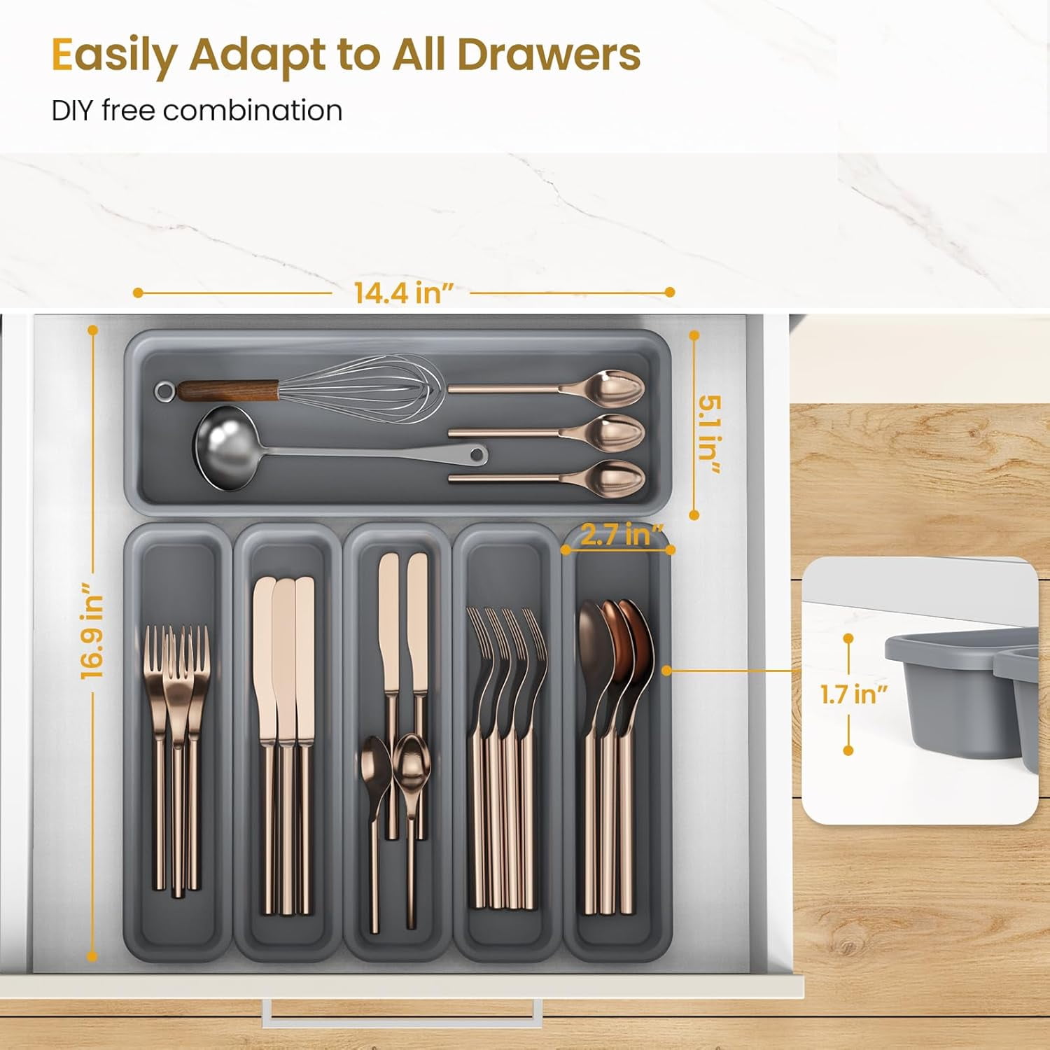 6 Pack Silicone Drawer Organizer for Kitchen, DIY Free Combination Silverware Organizer, Utensil Moisture-proof and Heat-resistant up to 200°C, Anti-slip Design (Grey)
