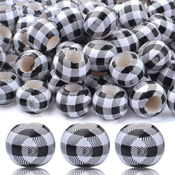 100pcs 20mm Black White Plaid Wood Beads Farmhouse Wood Beads Wood Round Beads for DIY Jewelry Craft Wall Garland Decoration, Hole: 10mm