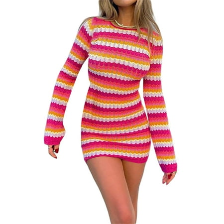 

hirigin Long Sleeve Knitted Dress for Women Colorful Stripe Pattern Backless Back Tie-Up Slim Fit Dress Casual Simple One-Piece Clothes
