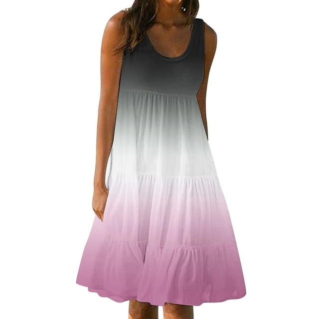 Ohufall Robe Midi Décontractée pour Femmes Dégradé Grande Taille Robes Tendance Col Rond Sans Manches Robe de Plage, taille p-5TG