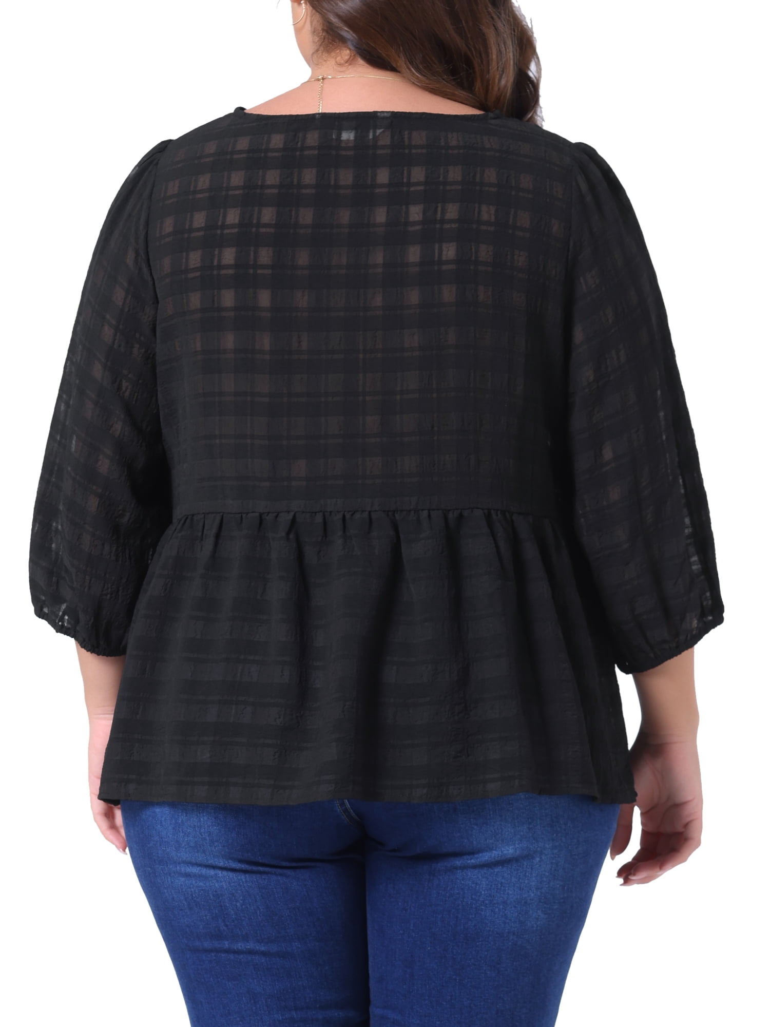 DARING DIVA Women's Plus Babydoll Round Neck 3/4 Puff Sleeves Peplum Blouse 1X Black