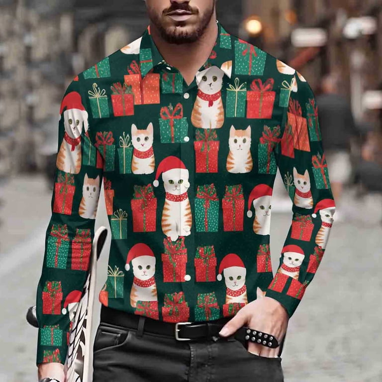 YUHGODO Mens Xmas Dress Shirts Fun Kitten Cat Graphic Button Down Long Sleeve Shirt Ugly Christmas Party Vacation Shirt, Adult Unisex, Size: XL