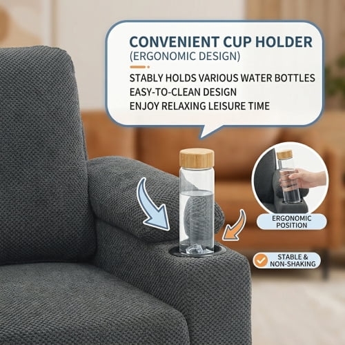Accent Chair and Storage Ottoman Set, Convertible Single Chaise Lounge Sleeper Bed with Reclining Backrest, Dual Cup Holders, USB-C Ports, Side Storage Pocket, Dark Gray