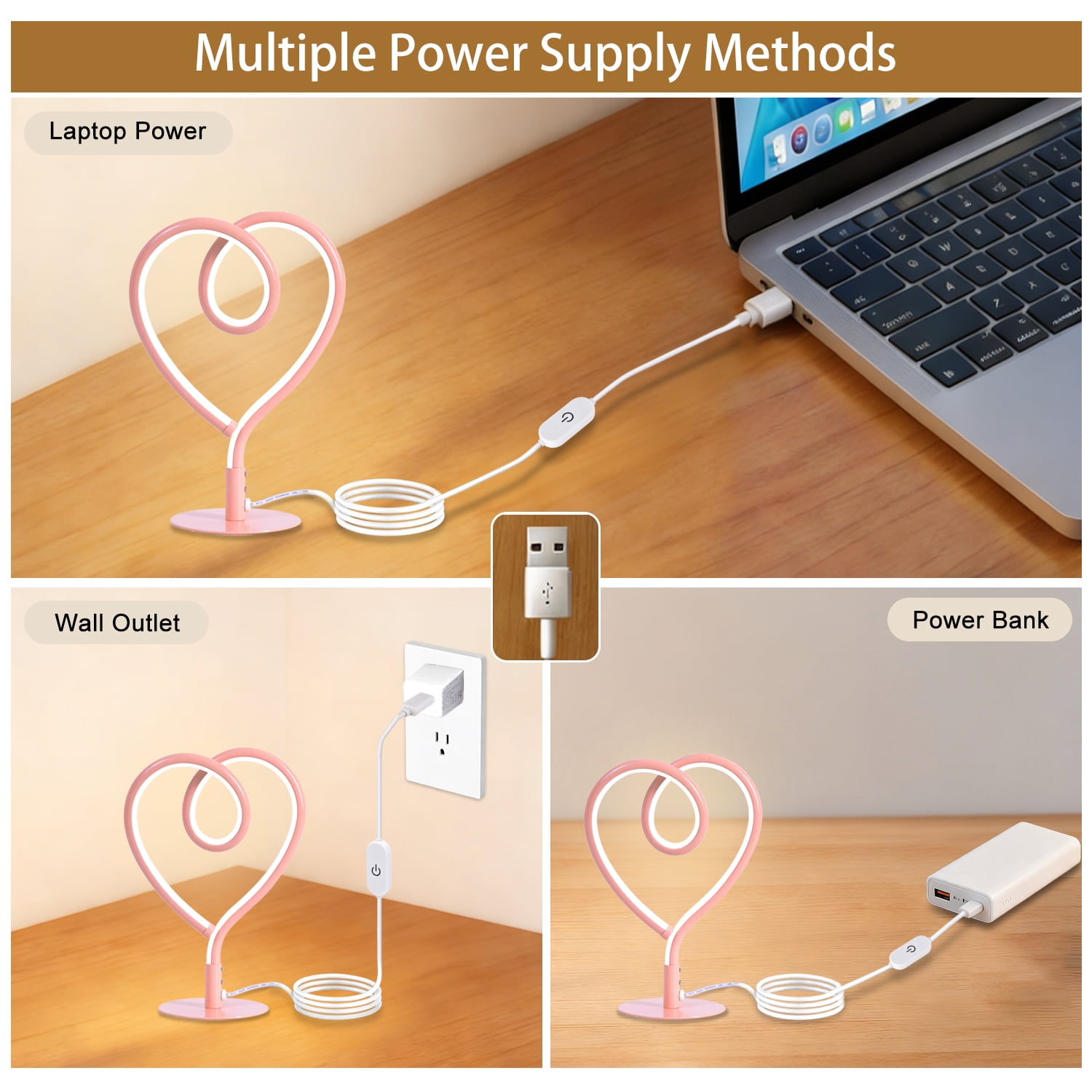Sunnyin LED Lights Pink Table Lamp Heart Shape 3CCT USB Adapter Night Light