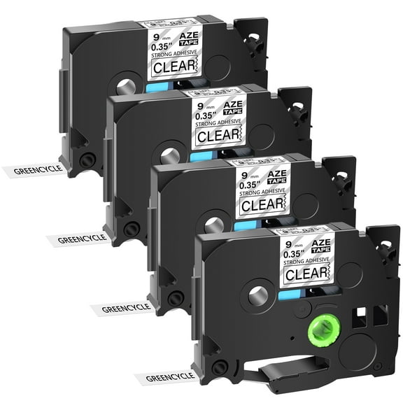 GREENCYCLE 4PK Compatible for Brother P-touch Black on Clear 9mm TZ TZe TZe-S121 TZ-S121 TZ-121 TZe-121 Extra Strength Laminated Label Tape