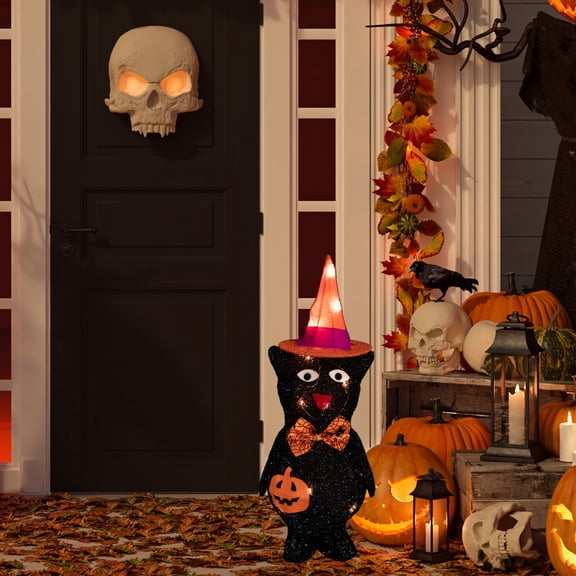 Northlight Lighted Black Cat in Witch's Hat Outdoor Halloween Decoration - 24"