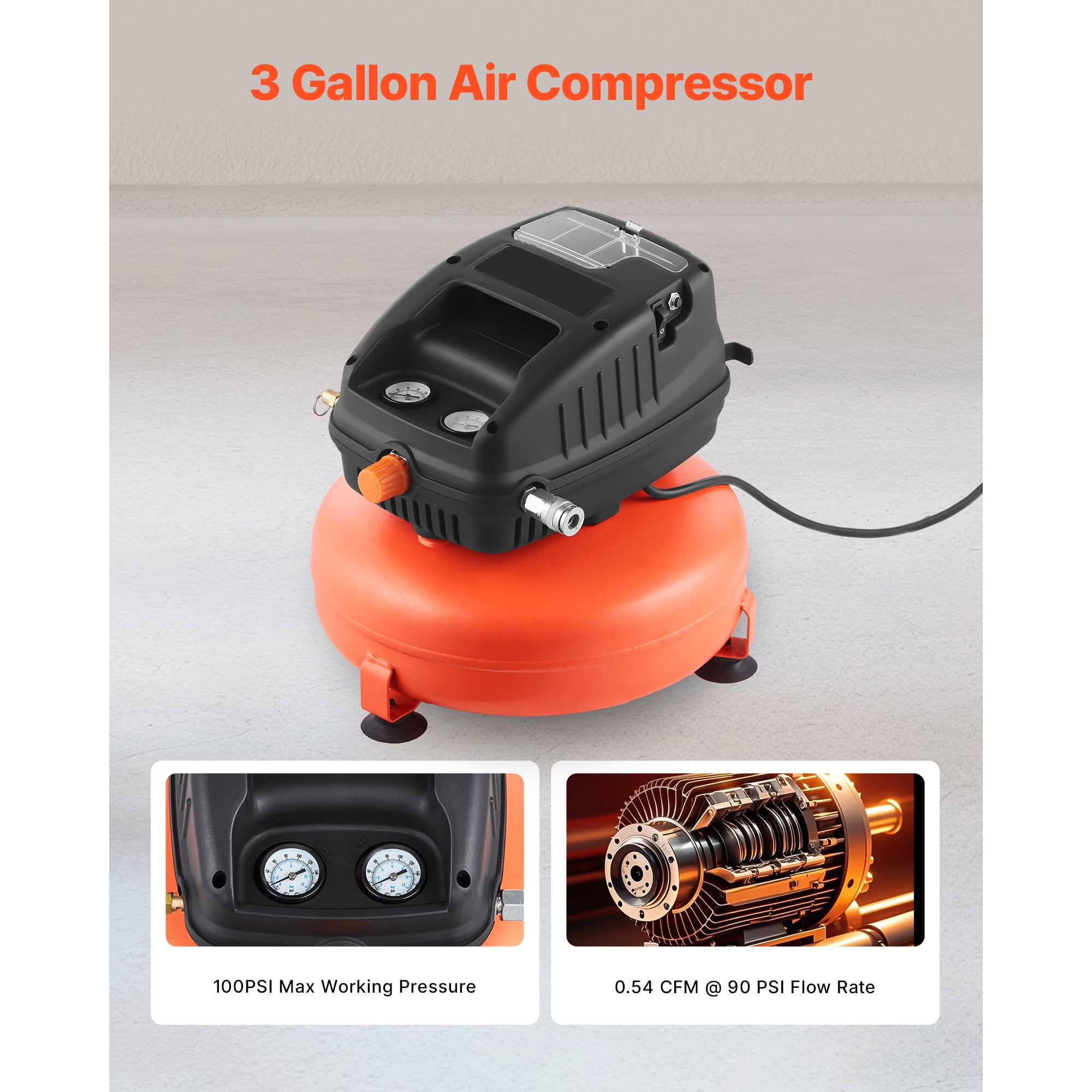 KFFKFF 3 Gallon Portable Air Compressor, 1/3HP 0.54CFM @ 90PSI Pancake Compressor with 100PSI Max Pressure, Oil-Free Tank for Tire Inflation, Painting, and Woodworking, 120V