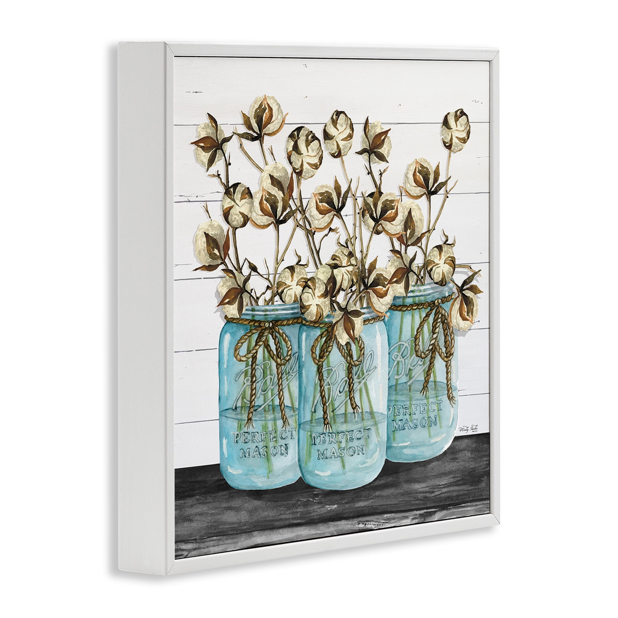 Stupell Industries Cotton in Rustic Jars Botanical & Floral Painting White Framed Art Print Wall Art, 24 x 24