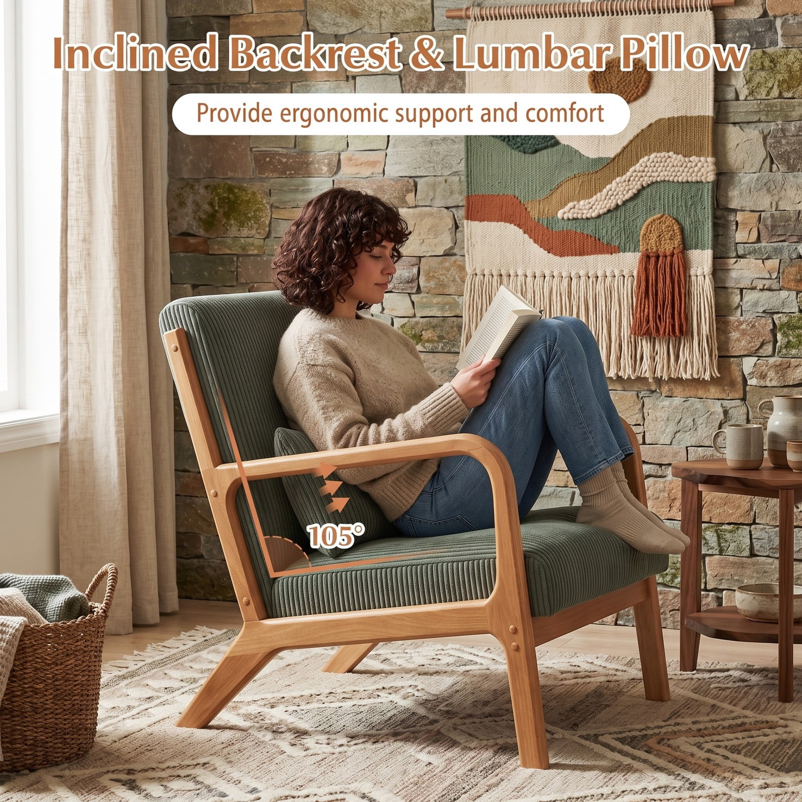 Furnibear Accent Chair, Corduroy Upholstered Lounge Chair with Lumbar Pillow, Ergonomic 105-Degree Backrest, Solid Wood Frame Armchair for Living Room Bedroom, Green