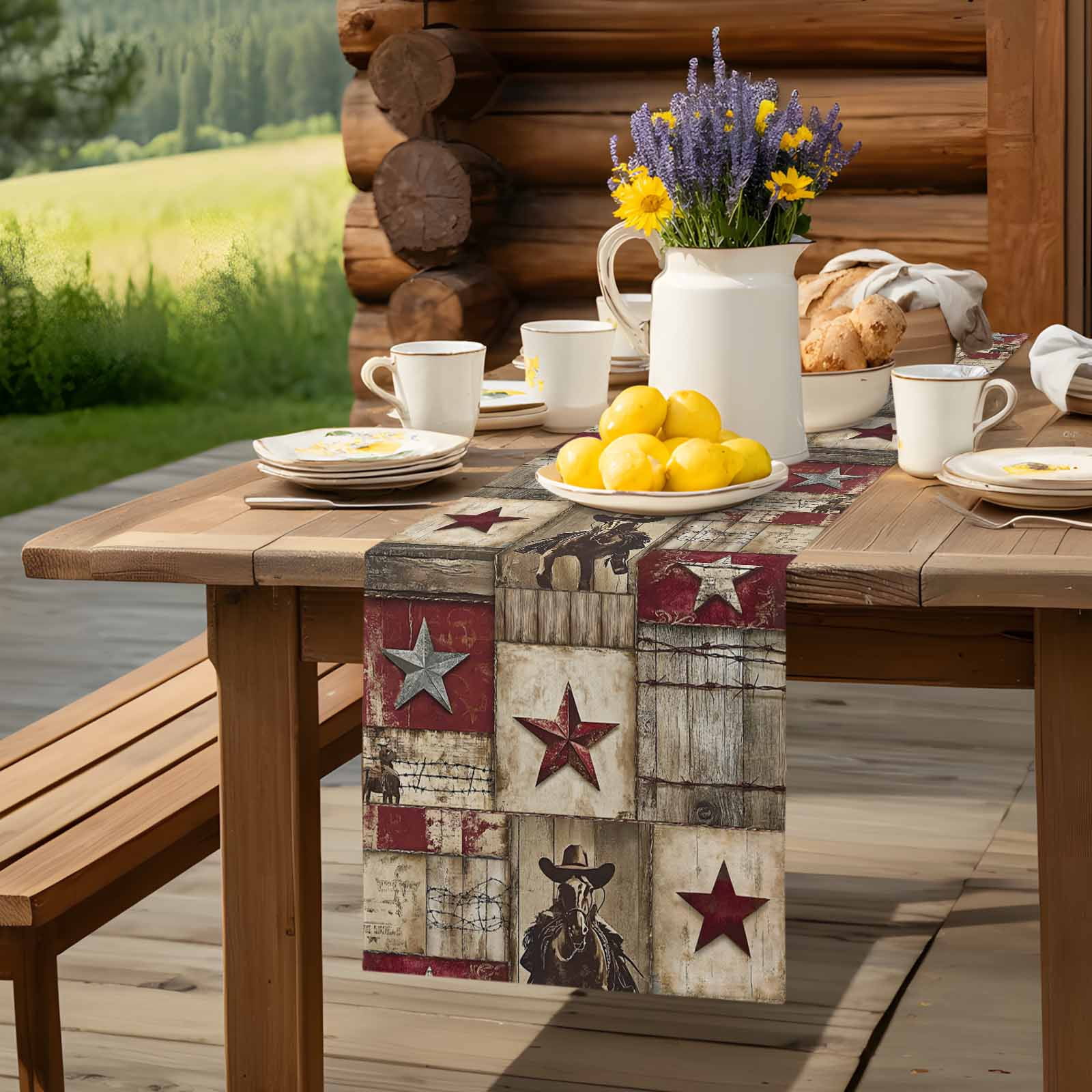 Vintage Texas Western Country Star Table Runner 90 Inches Long, Cowboy Horse Wooden Plank Table Runners Tabletop Scarf Kitchen Dining Tables Decoration for Home Party Indoor Outdoor