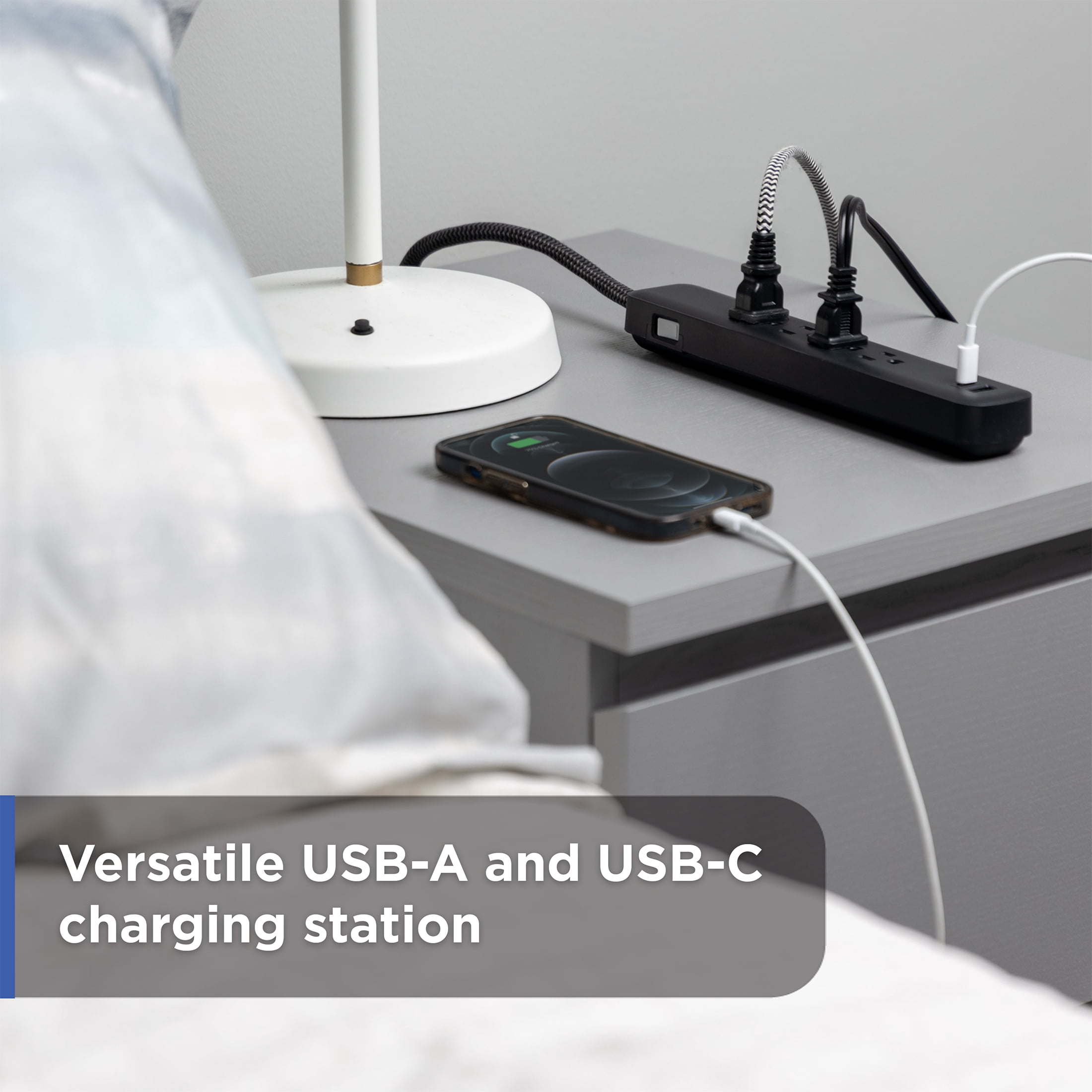 GE Surge Protector Power Strip with USB Ports, 3 FT Braided Extension Cord, 490 Joules, 4 Outlet Extender, 1 USB C, 1 USB A, Flat Plug, Black, 84467