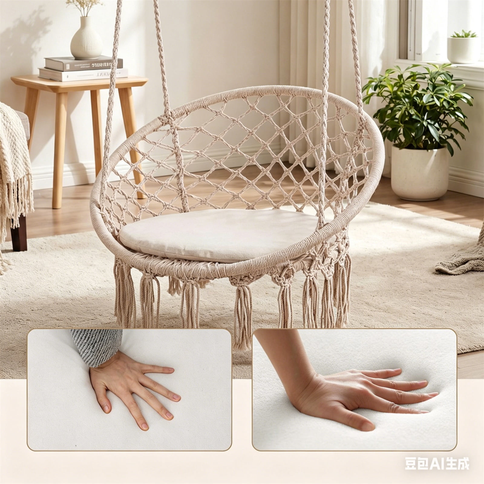 Hommoo Macrame Swing Chair Hammock Chair with Round Cushion Seat, Handmade Knitted Relax Hanging Cotton Rope Chair for Home, Beige