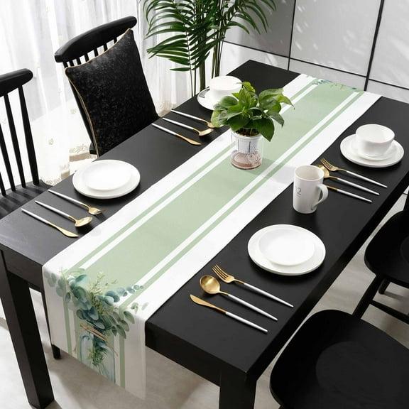 Sage Green Eucalyptus Leaves Cotton Linen Table Runner 16 x 72 inch Farmhouse Stripe Botanical Non-slip Rectangular Dining Table Decor for Wedding Party Holiday Dinner