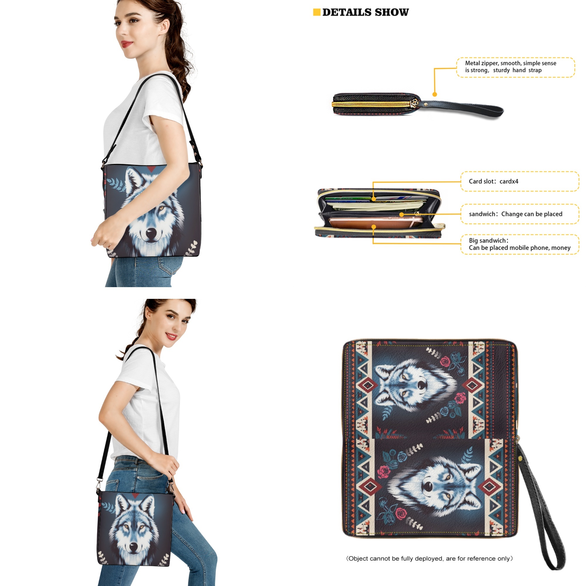 ZUXONGSY Aztec Wolf Rose Print Bucket Bag Tote Purse Set for Women Casual Crossbody Hobo Bag with Wallet Set Fashion Shoulder Bag with Leather Wallet for Shopping