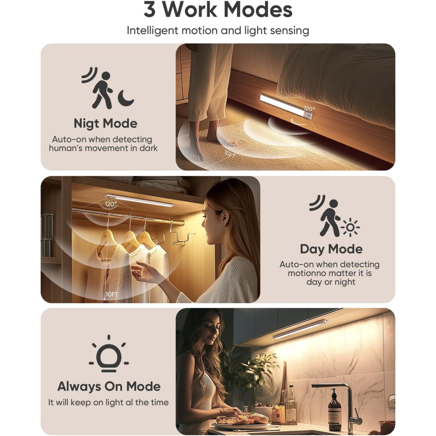 Under Cabinet Lighting Wireless, 2200mAh Rechargeable Battery Operated Motion Sensor Light Indoor, 3 Color Temps Under Counter Light, Dimmable Wireless Closet Lights w/Remote for Kitchen,Pantry,6 Pac