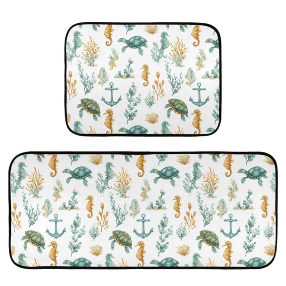 2-Piece Kitchen Mat Set Non Slip Washable Floor Mats Decorative Rugs for Kitchen Sink Laundry Watercolor Sea Life Pattern