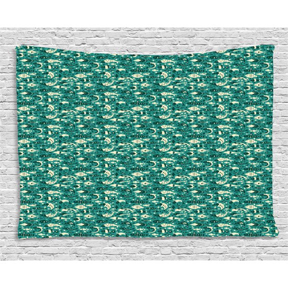 Nautical Tapestry, Underwater Animal Composition with Hand Drawn Silhouettes of Fish, Wall Hanging for Bedroom Living Room Dorm Decor, 80W X 60L Inches, Teal Dark Teal and Cream, by Ambesonne
