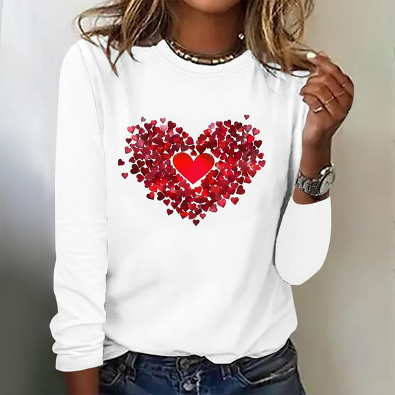 VgaVtl Women's T Shirts Long Sleeve Valentines Plus Size Womens Tops Heart Print Loose for Girlfriend Holiday Casual Tops