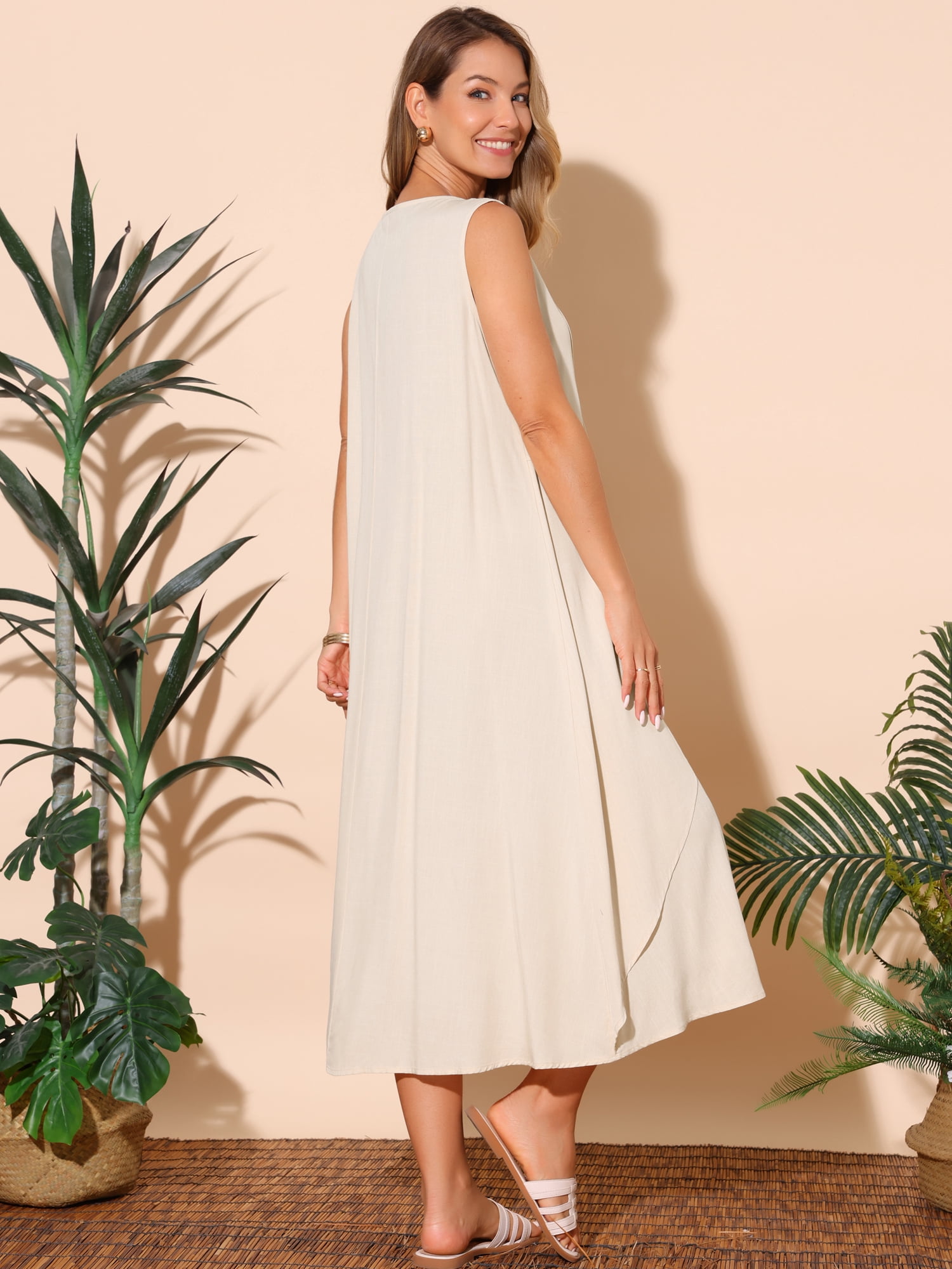 DARING DIVA Ruffle Sleeveless V Neck Pleated Flowy Maxi Dress L Apricot