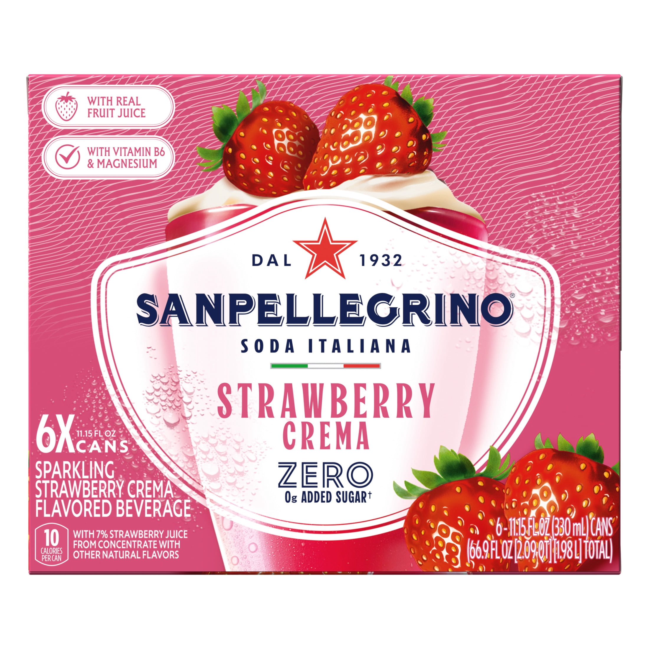 Sanpellegrino Soda Italiana Strawberry Crema, Low Calorie Zero Added Sugar Italian Soda, 6 Pack Cans