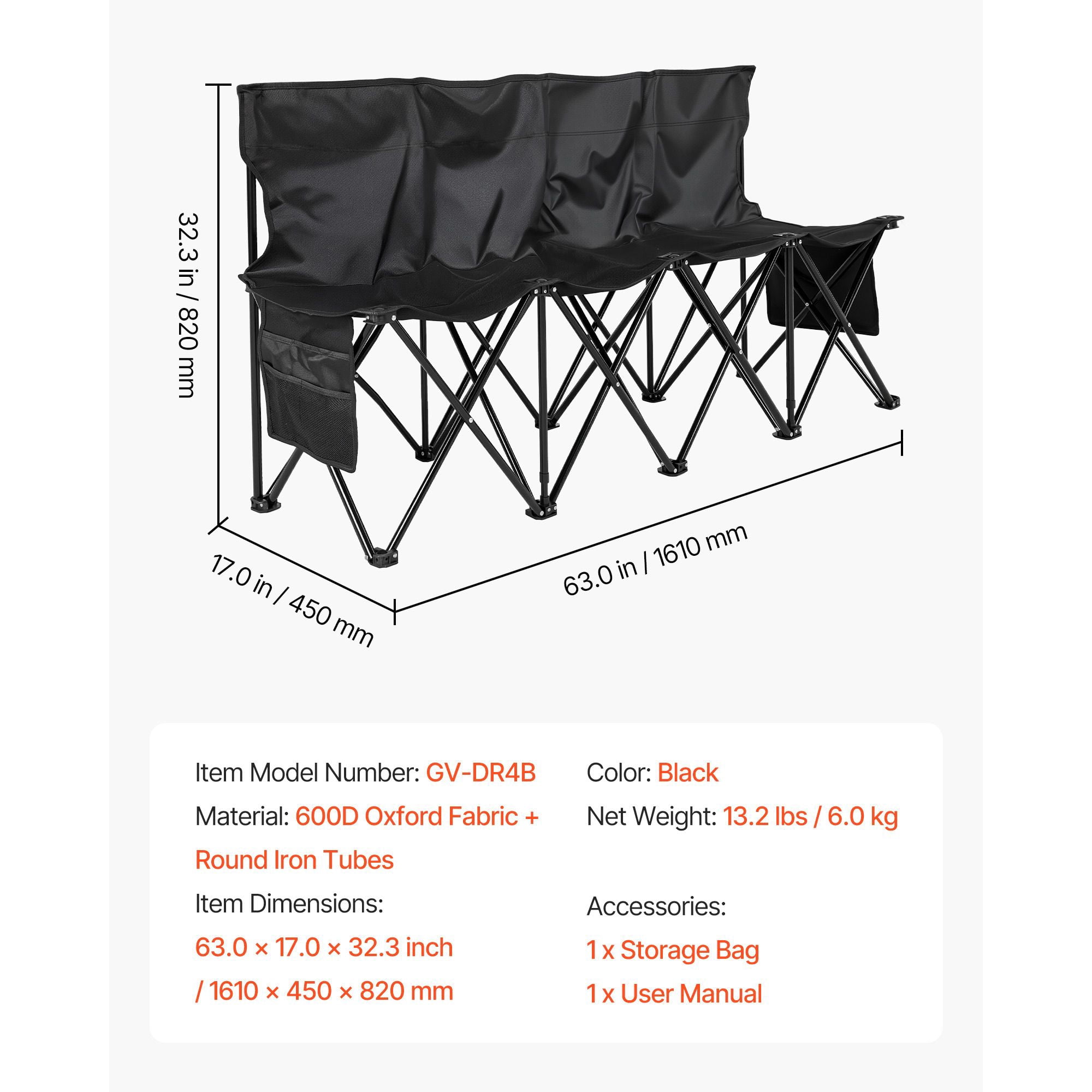 4 Person Portable Folding Sports Bench with Backrest, 4-Seat Foldable Soccer Sideline Bench Black with Side Storage Pockets Carry Bag, 600D Oxford Outdoor Team Bench for Football Camping Events