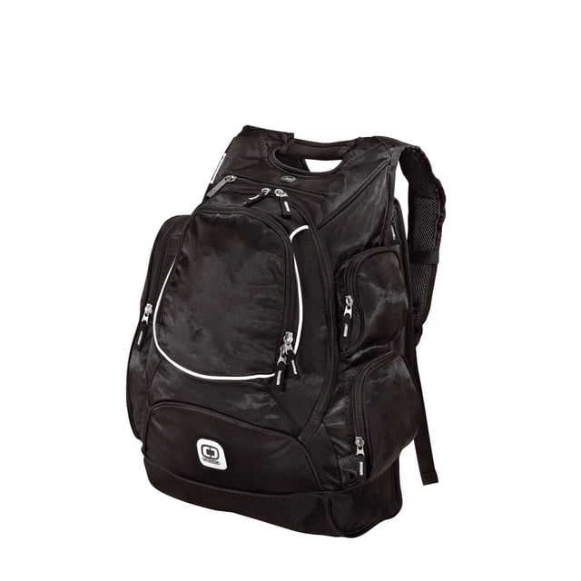paquete de cazarrecompensas ojo ogio 108105 mochila negra 3/4 frontal con múltiples compartimentos y cremalleras, bolsillo frontal con ribete blanco, asa superior acolchada, correas traseras acolchadas y bolsillos laterales, apta para laptop y uso de oficina.