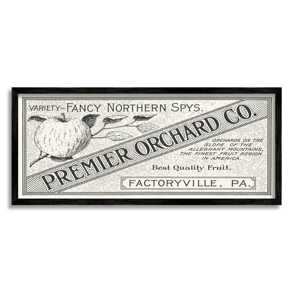Stupell Industries Vintage Premier Orchard Co. Sign Antique Fruit Graphic Art Black Framed Art Print Wall Art, 30x13, by Daphne Polselli